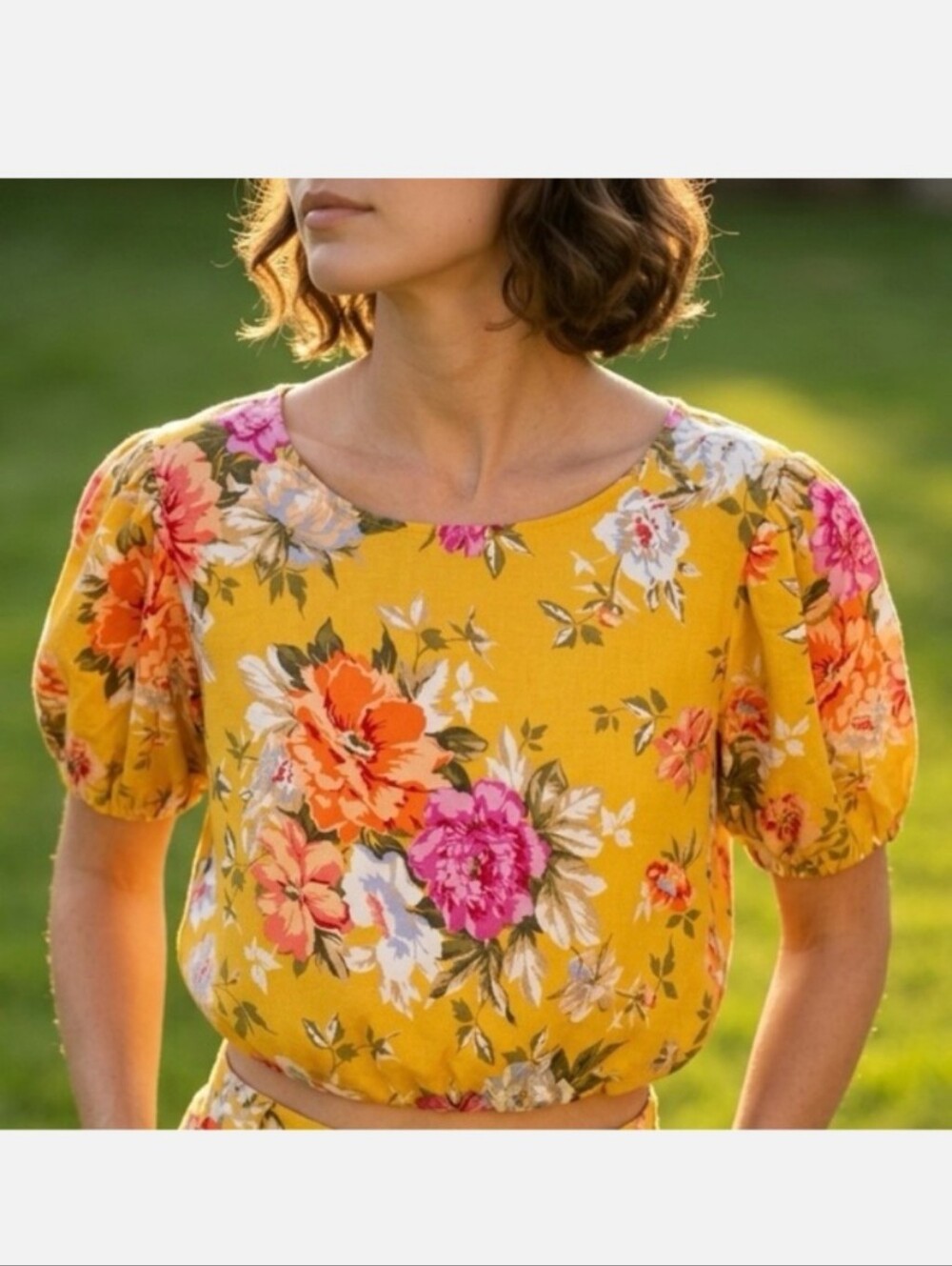 Rachel Roy Linen Blend Floral Crop top M Coastal Beachy festive Puff Sleeves NWT